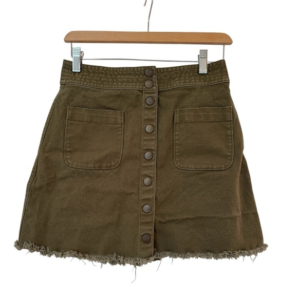 Madewell Button Front Military Green Denim Fray Hem Mini Skirt Yellow - Picture 1 of 5